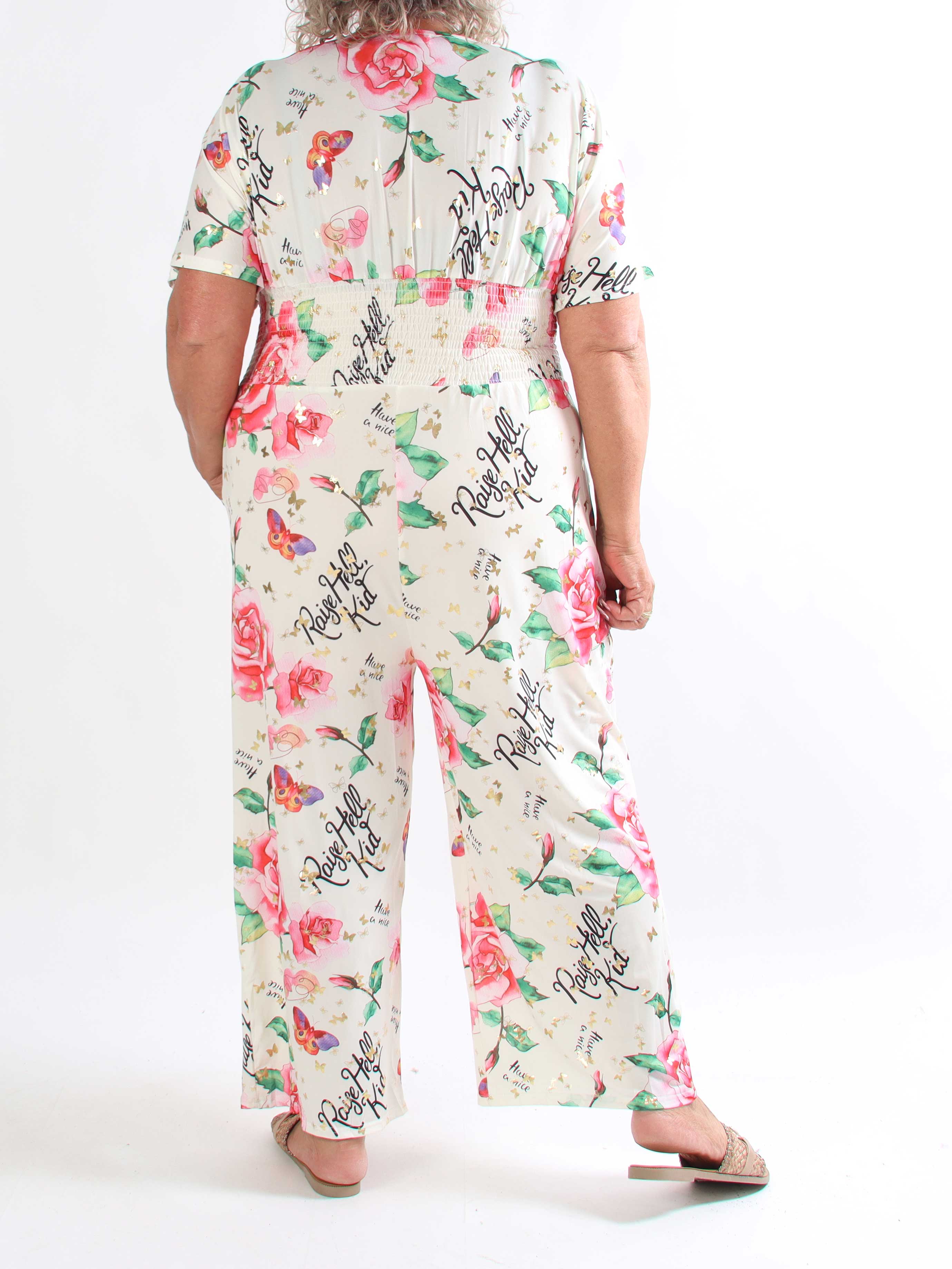 Pams Raise Jumpsuit - Plus size buksedragt med blomsterr og guldsommerfugle